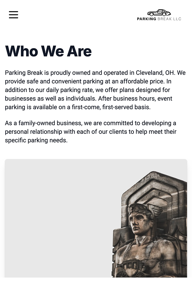 Parking Break LLC who we are mobile section