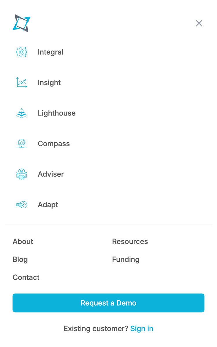 Mobile menu with cyan colored icons and gray text