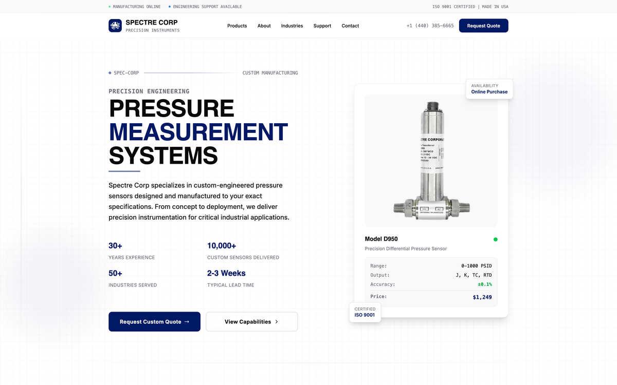 Industrial style website for Spectre Corp
