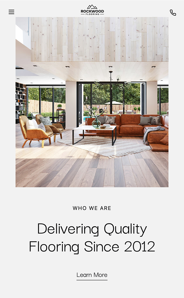 Rockwood Flooring Who We Are section with image of natural lit house with wood floors